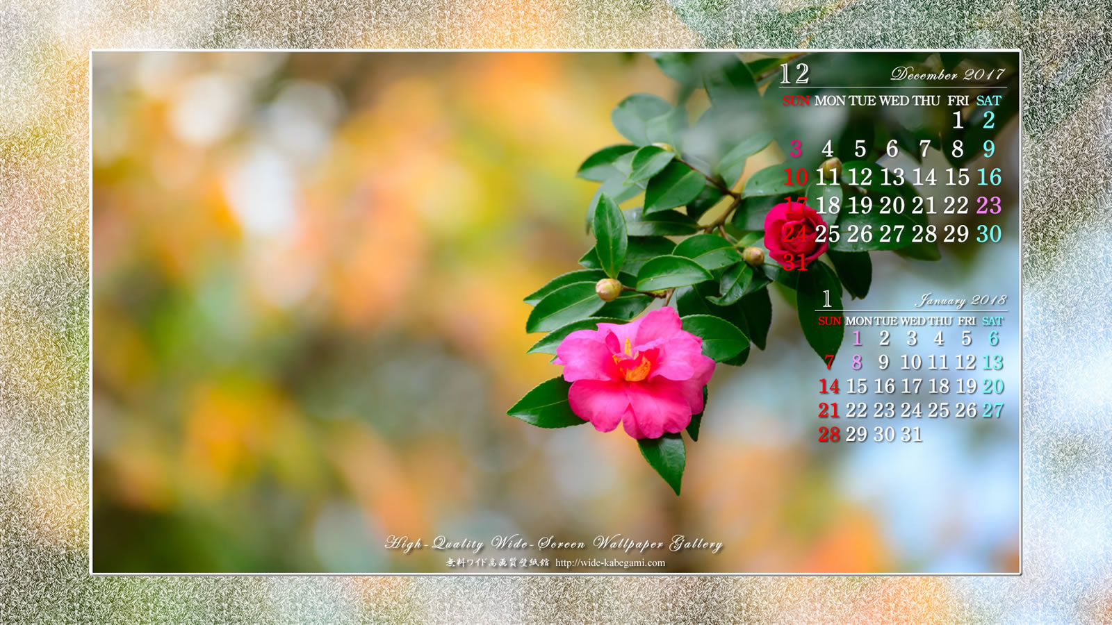 12月のカレンダー壁紙－山茶花と残秋