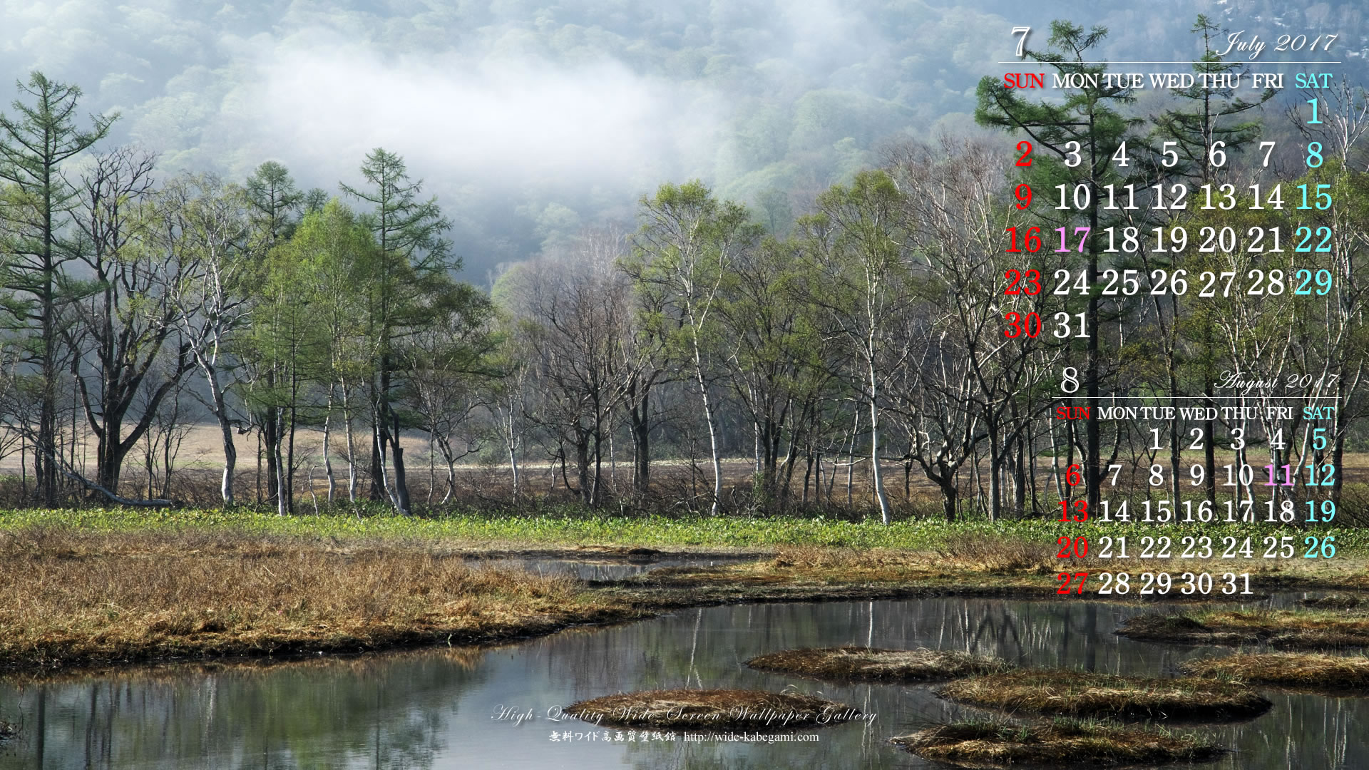 ７月のカレンダー壁紙－湿原霧景