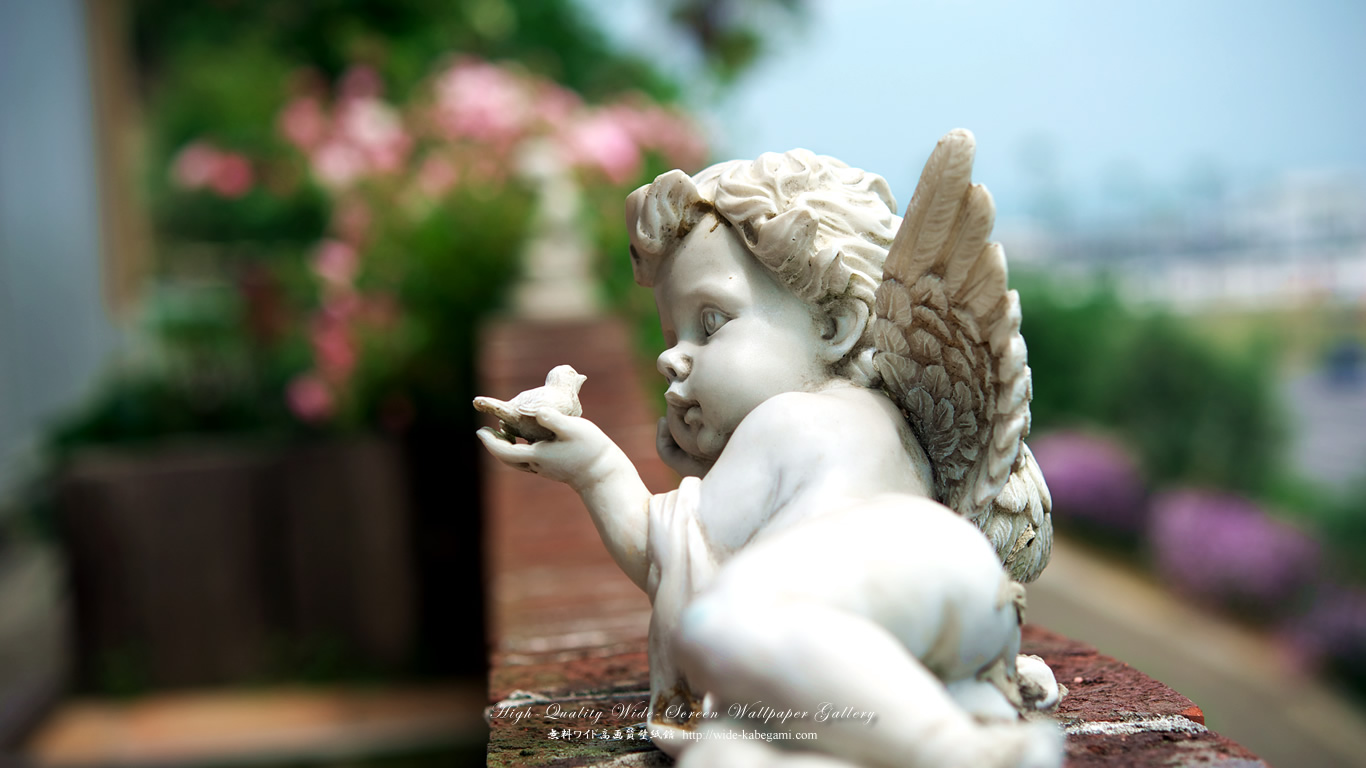 ワイド自然壁紙(16:9-1366x768)－バラ園の天使像