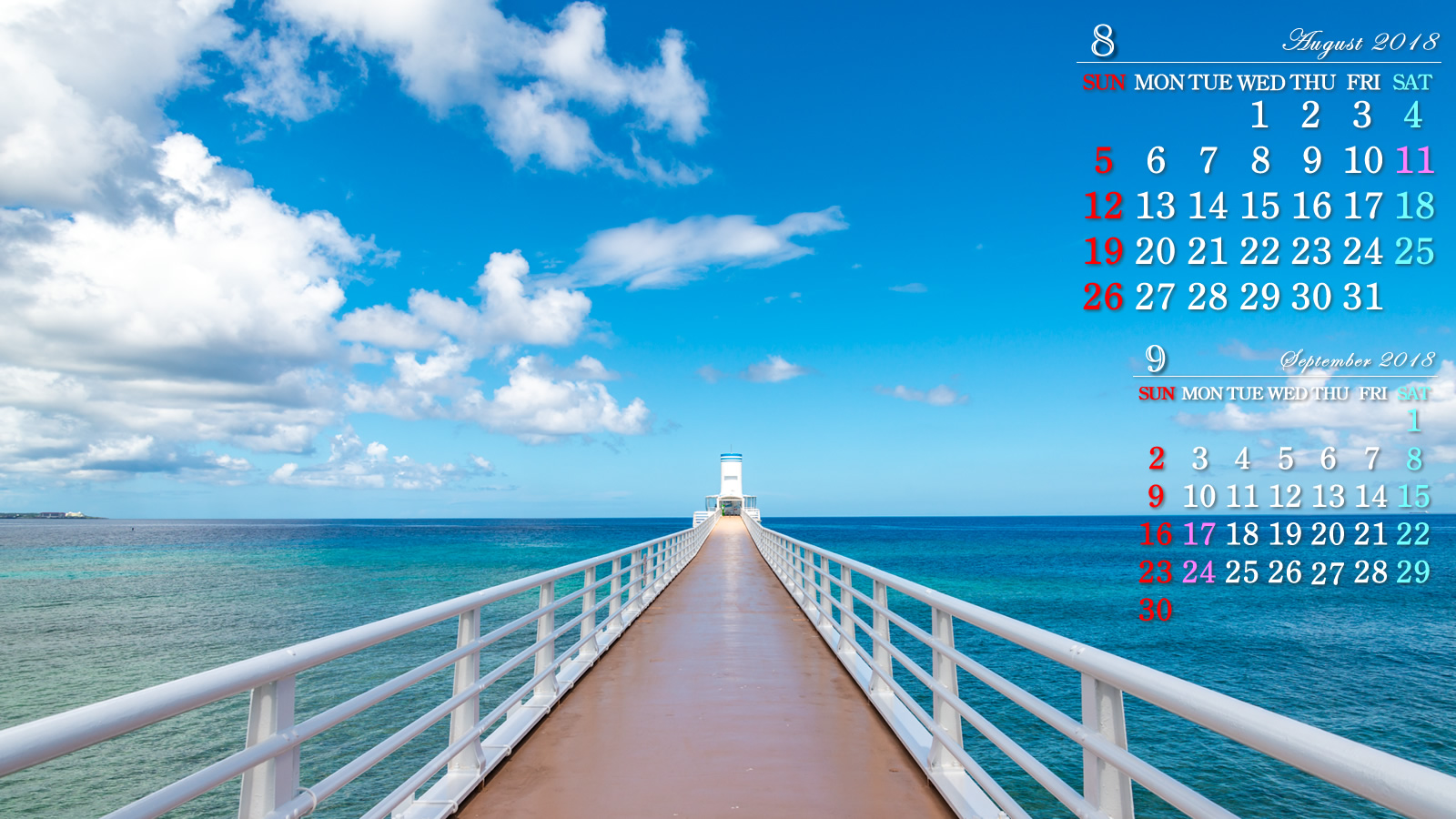 18年8月の前月表示の３ヶ月ワイド壁紙カレンダー 1600x900 ブセナ海中展望塔 無料ワイド高画質壁紙館